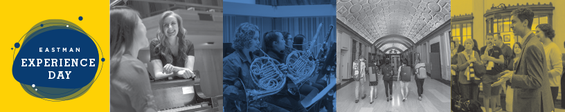 Yellow and blue header image with music students